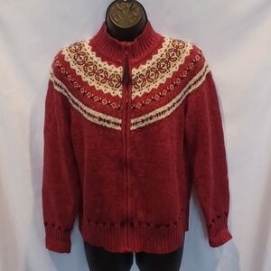 Tiara Peruvian Style Knit Zip cardigan sweater Leather Stitching